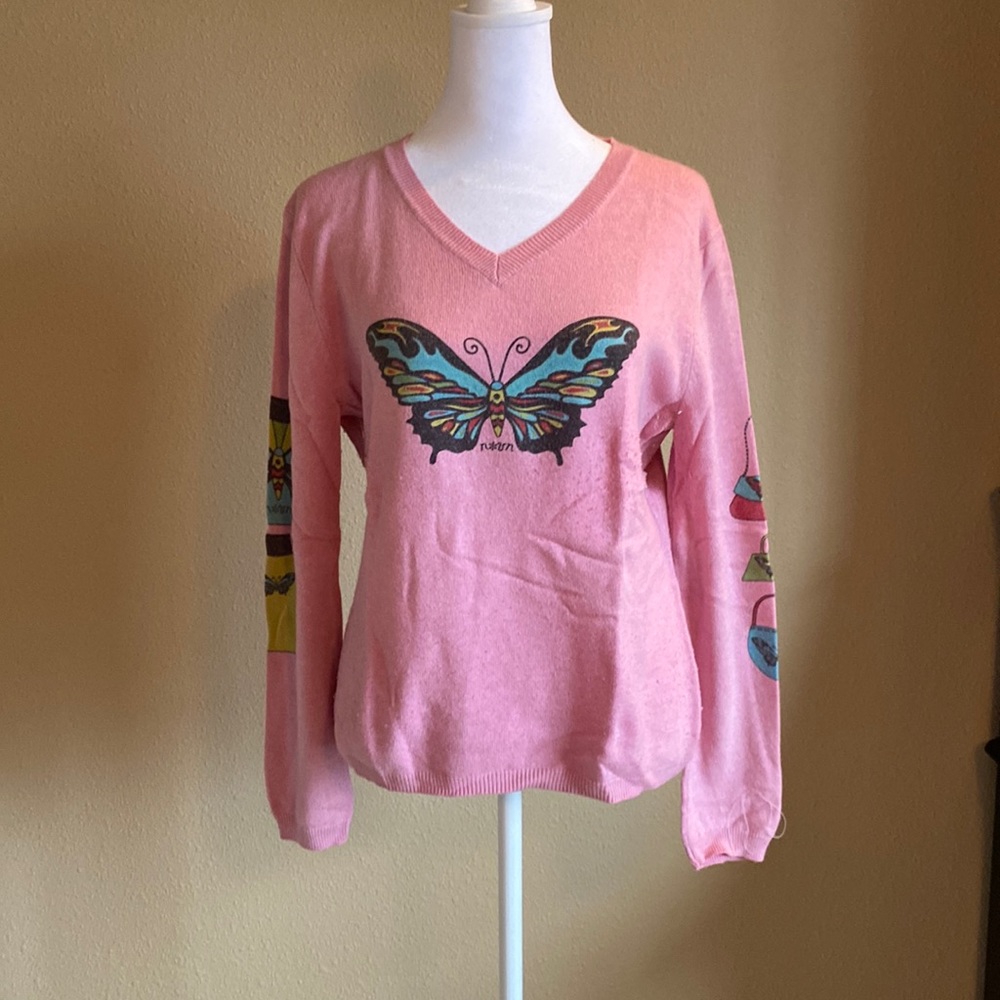 Pink Butterfly V-Neck Sweater